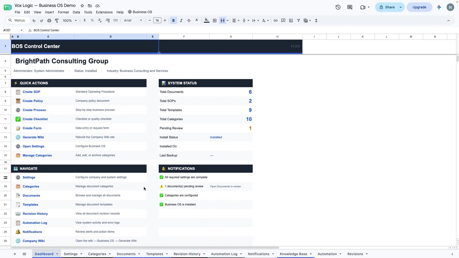 Business OS Professional dashboard shown in the product tour